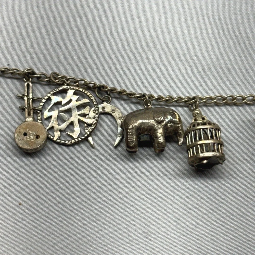 Vintage Chinese Export Silver 12 Charm Bracelet OS Silver Fair Articulated Fish